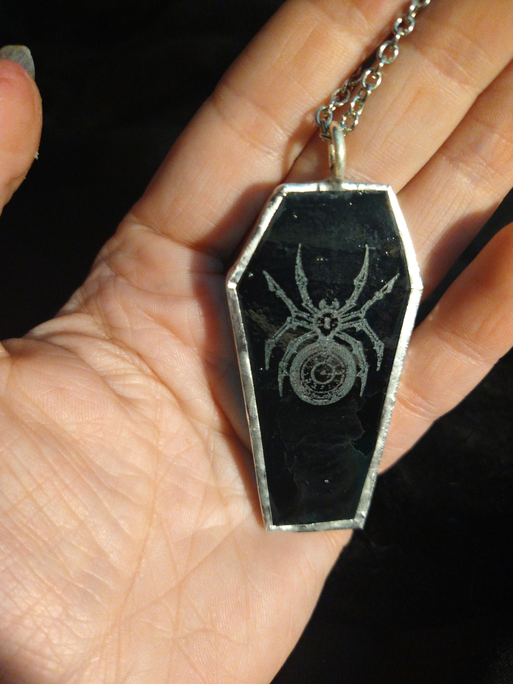 Coffin Shaped Spider Pendant Necklace - Dark Teal & Silver